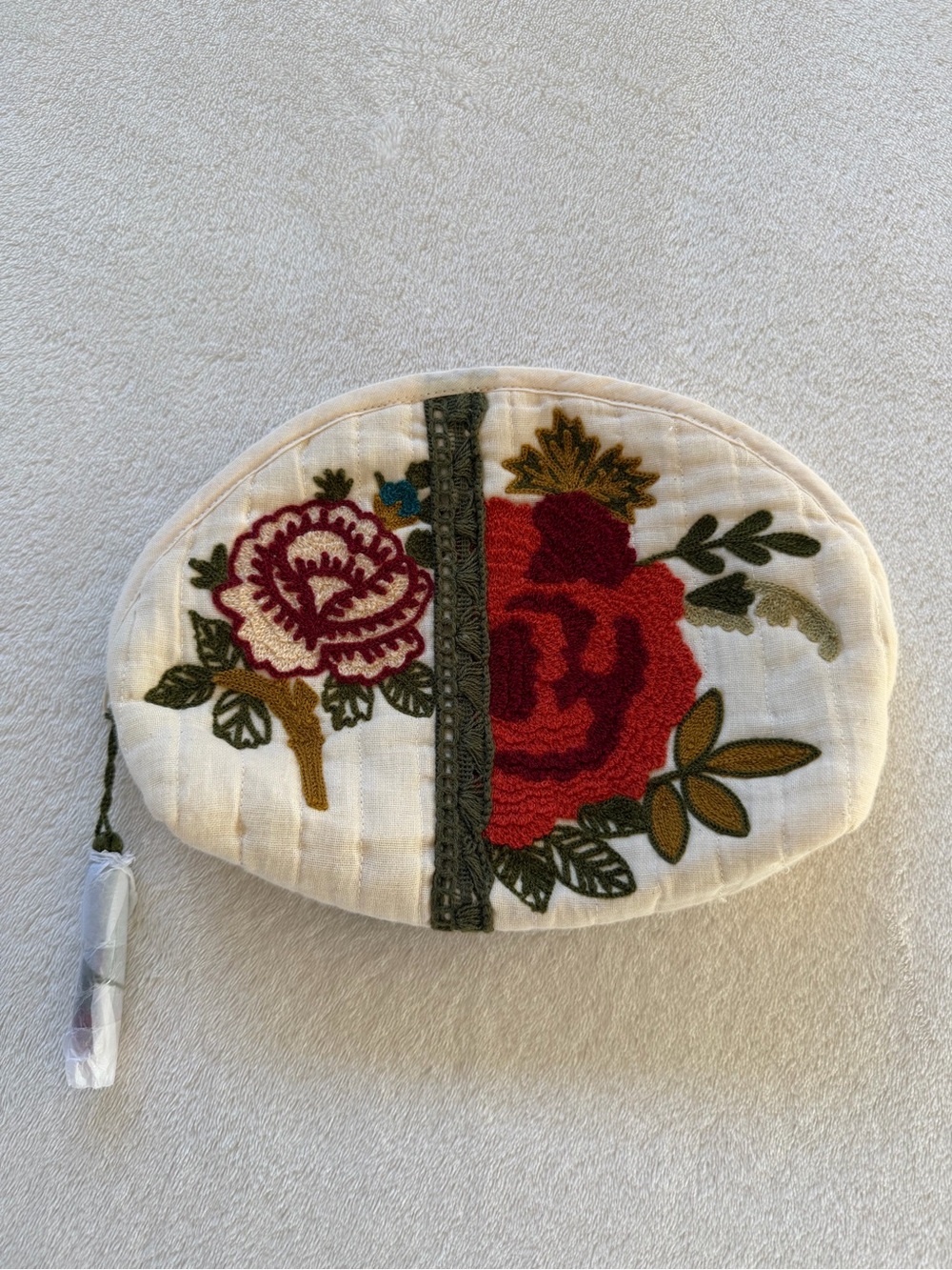 Zara Cream Quilted Cosmetic Pouch with Red & Olive Floral Embroidery